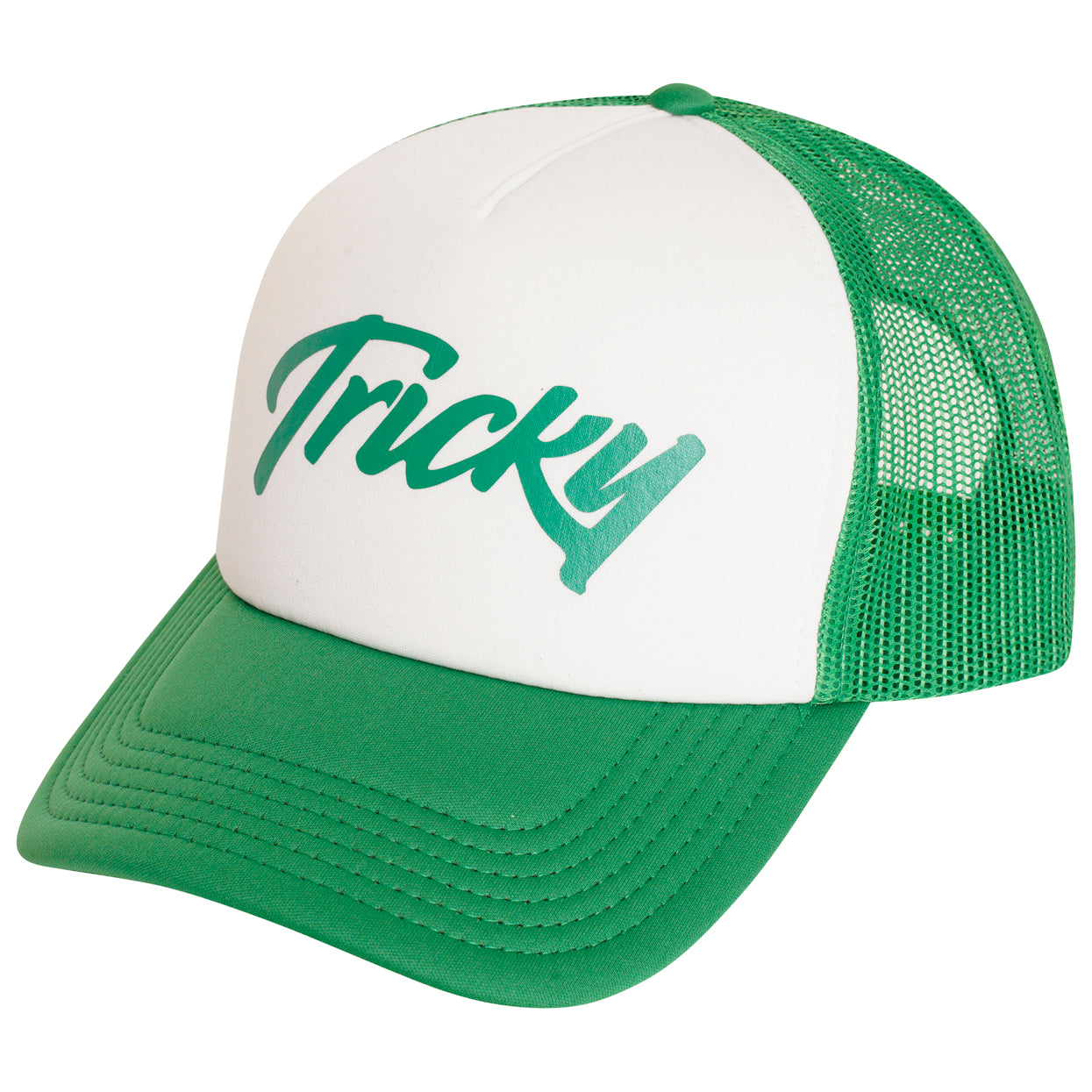 Tricky Rapper Logo TRICKY LARGE LOGO 5 PANEL FOAM TRUCKER CAP WHITE GREEN – Tricky Clothing