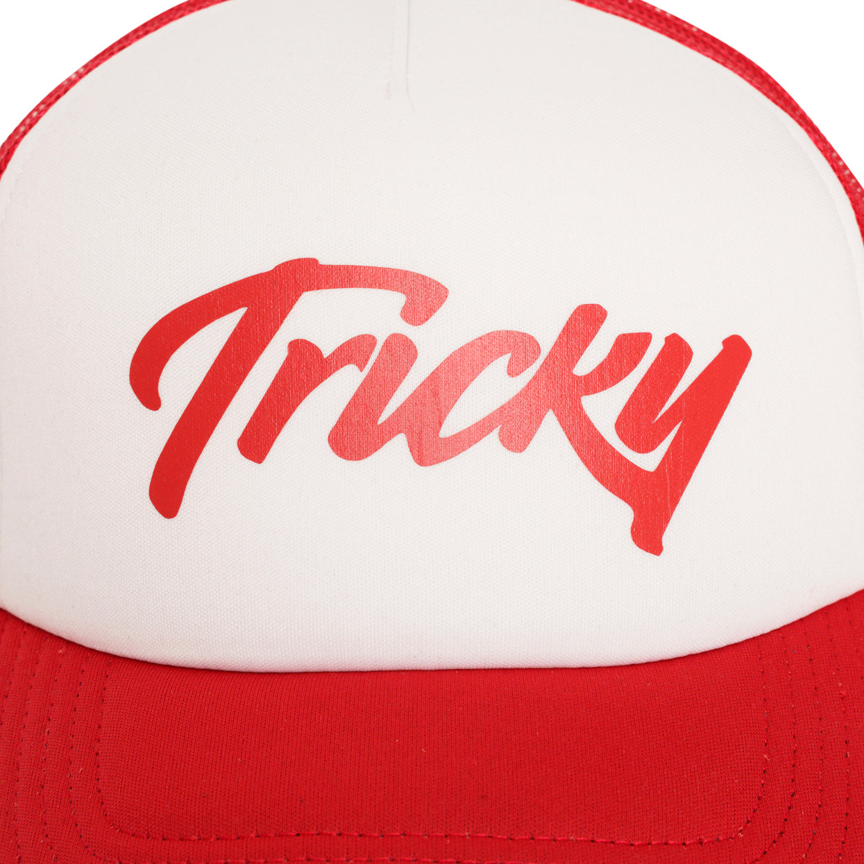 TRICKY LARGE LOGO 5 PANEL FOAM TRUCKER CAP WHITE RED