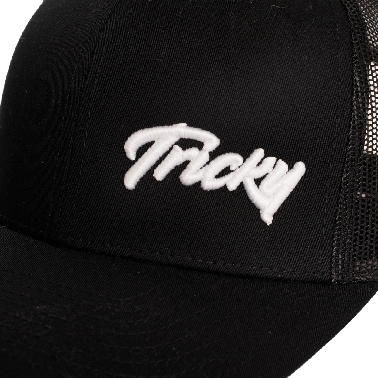 TRICKY SMALL LOGO 6 PANEL MESH TRUCKER CAP BLACK