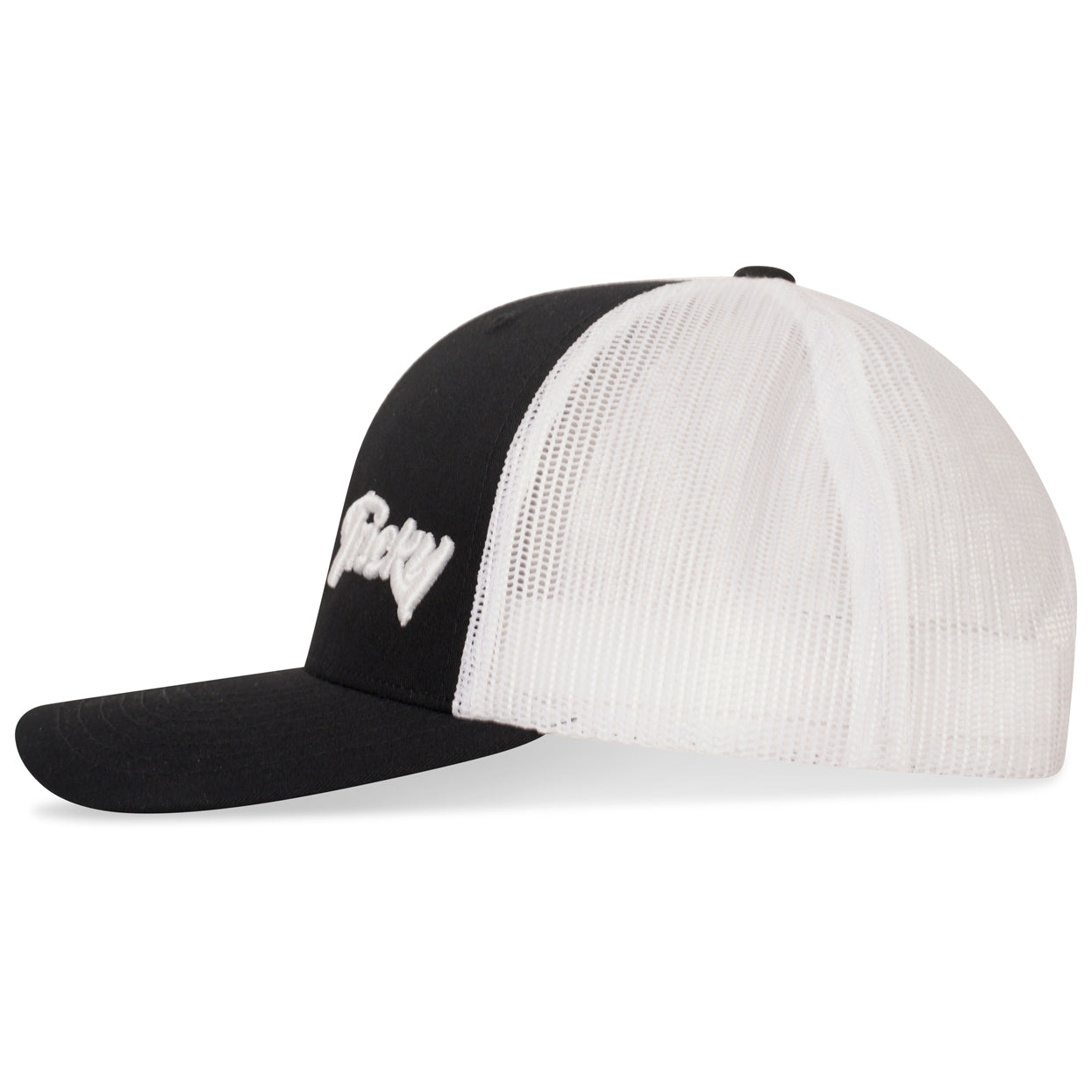 TRICKY SMALL LOGO 6 PANEL MESH TRUCKER CAP BLACK WHITE