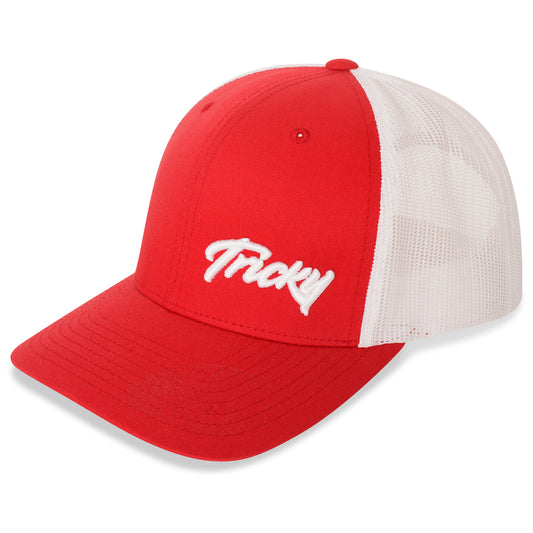 TRICKY SMALL LOGO 6 PANEL MESH TRUCKER CAP RED WHITE