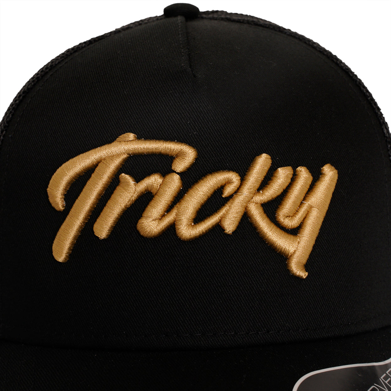 TRICKY LARGE LOGO 6 PANEL MESH TRUCKER CAP BLACK GOLD - THE "HARKER"