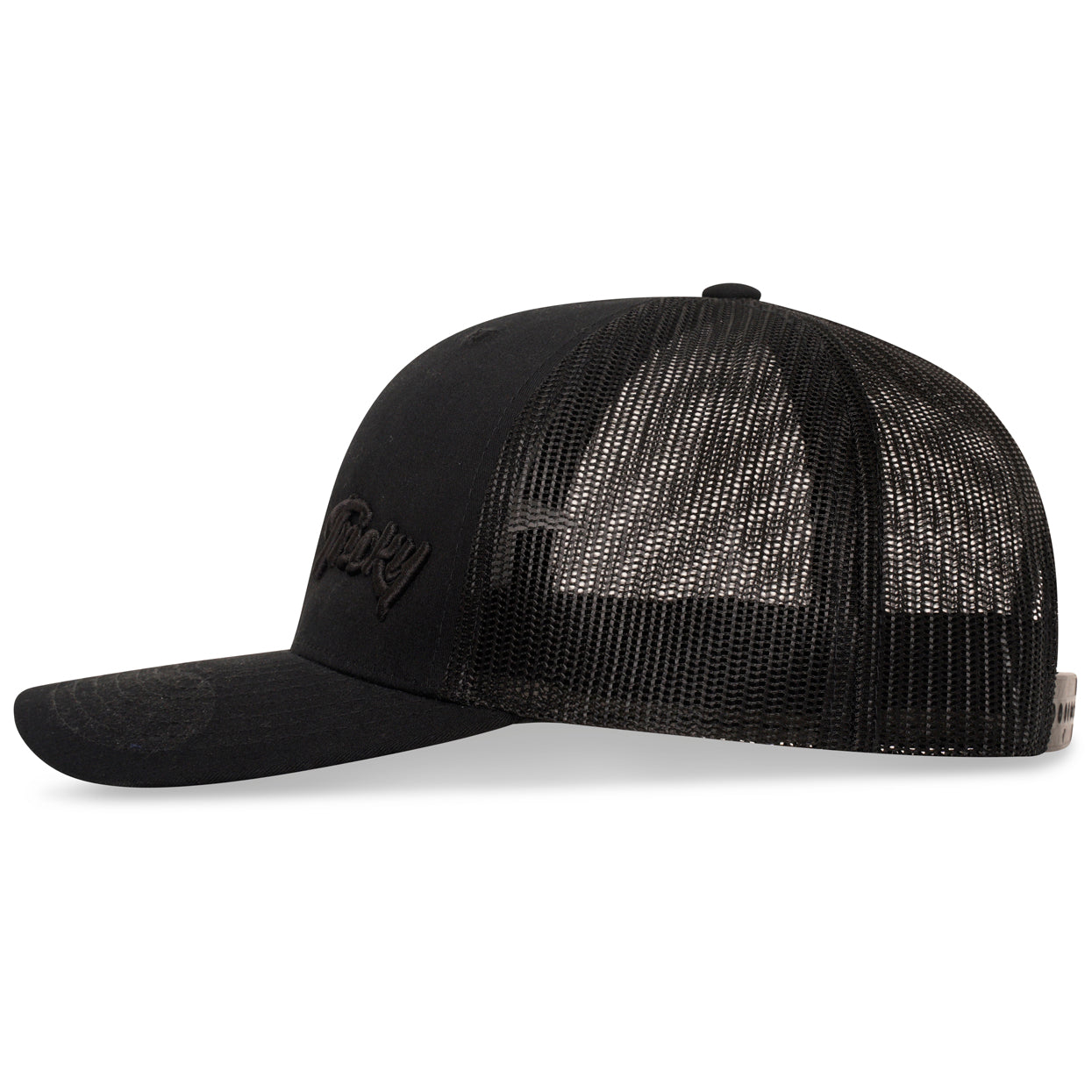 TRICKY SMALL LOGO 6 PANEL MESH TRUCKER CAP BLACK BLACK